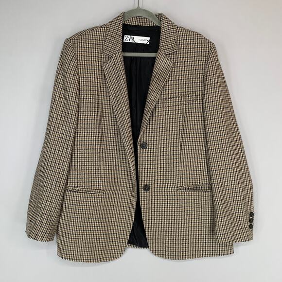 Zara Jackets & Blazers - ZARA Blazer Jacket Women Large Brown Black Houndstooth Classic Work Office